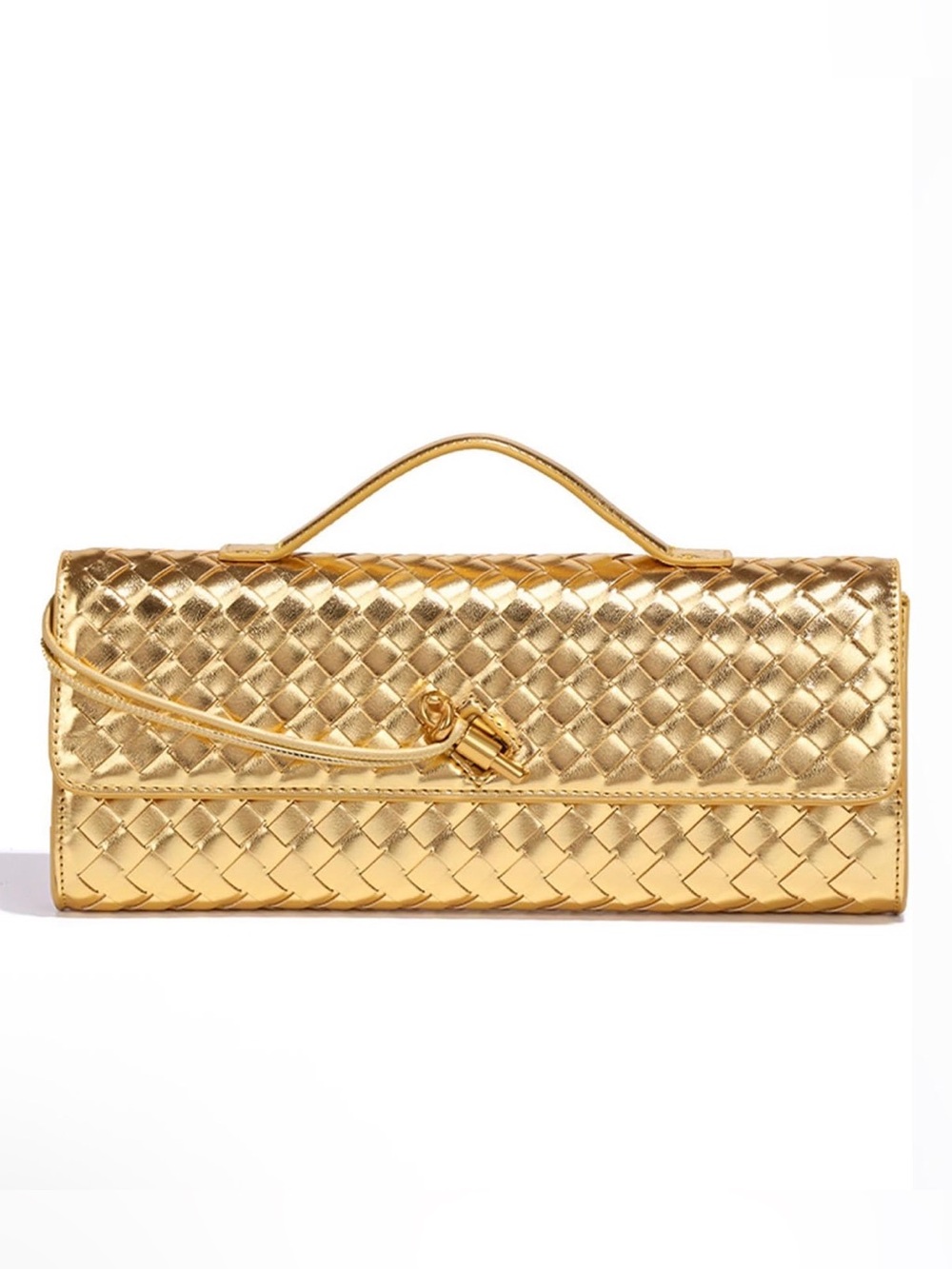Gold Woven Leather Top-Handle Clutch